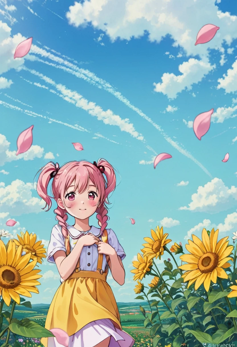 1 5 year old girl, Background with clouds and sky, Flowers and fields background, falling pink petals,  with pigtails, I&#39;m making a V with my hands.