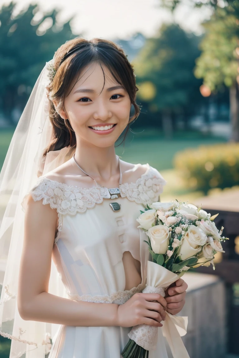 (Highest quality、Tabletop、8K、Best image quality、Award-winning works)、One beautiful bride、(alone:1.1)、(very pretty white sparkly wedding dress:1.2)、(A line wedding dress:1.2)、(long white gloves:1.2)、(holding a bouquet:1.5)、(Perfect Wedding Lace:1.2)、(The most gorgeous and luxurious giant tiara:1.1)、(The most extravagant and luxurious giant necklace:1.1)、((Look at me with your best smile:1.5))、((View your viewers:1.5))、((Looking into the camera:1.5))、A wide selection of the finest jewellery、Cowboy Shot、Perfect Makeup、Long eyelashes、Ultra HD Shining Eyes、Ultra HD Hair, 38 years old、((Skinny:1.7))、((flat chest:1.8))、((slender body:1.5))、((Medium sized breasts:1.5))、Ultra-high resolution glossy lips、Ultra High Resolution Perfect Teeth、Super high resolution beautiful face、(Accurate anatomy:1.1)、(Very bright and beautiful skin:1.2)、(very bright and vivid:1.2)、((Perfect beautiful bridal hairstyles))、(A gorgeous and elegant church:1.2)、(A gorgeous and beautiful church:1.2)、(Front facing body:1.1)、(The most romantic atmosphere:1.1)、(Strongly blurred background:1.1)、(Calm and warm lighting:1.1)、