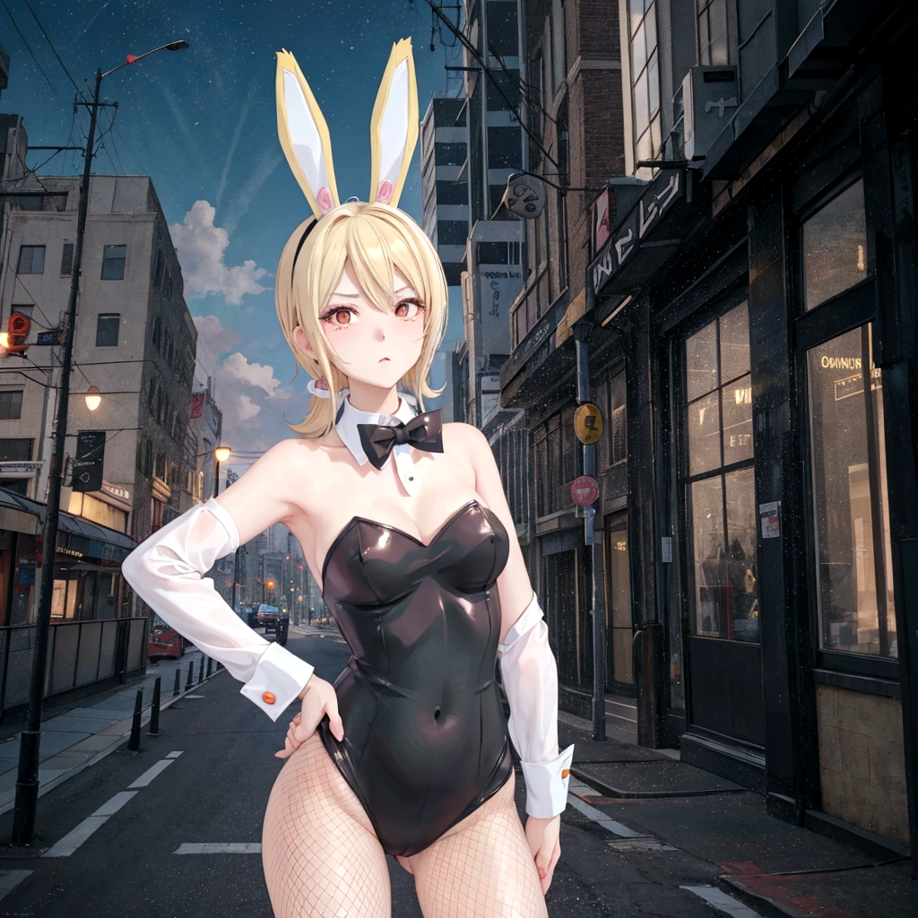 Glaring、anime character Bunny ears付き and a black bodysuit standing in a city street, Fishnet tights、Bunny girl, サイバネティックなBunny earsを着けている, Playboy Bunny, Bunny ears付き, Bunny Punk, with big Bunny ears, Bunny Suit, Lola Bunny fan art, with long floppy Bunny ears, Kagamine Rin, Bunny ears, Playboy Style, thug_character, wearing a Bunny Suit