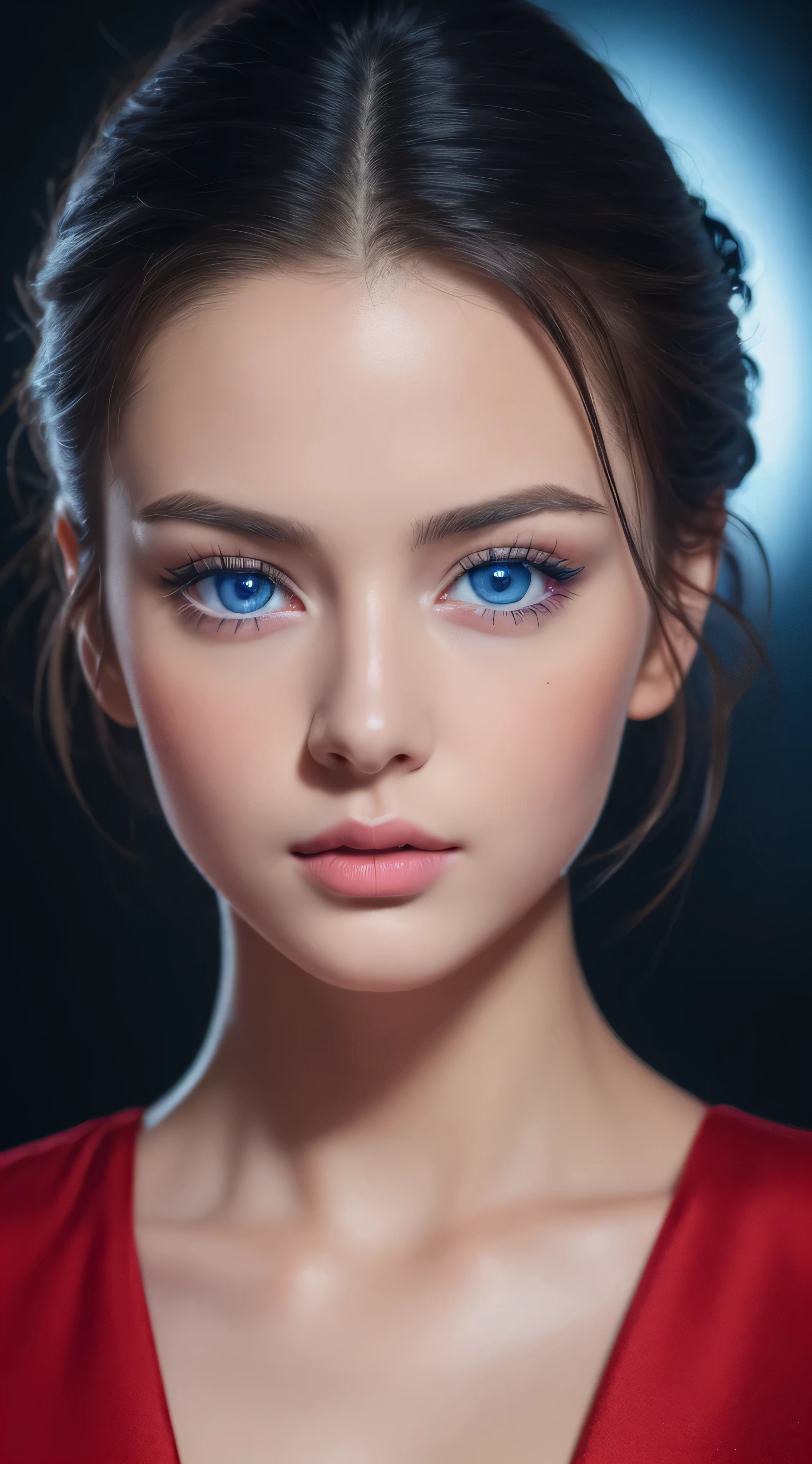 (Best quality,4K,8K,A high resolution,Masterpiece:1.2),Ultra-detailed,(Realistic,Photorealistic,photo-realistic:1.37),beautiful detailed blue eyes,Long black hair in a high bun,Detailed red veil,Portrait,Sharp focus,professional,Vivid colors,Dark background,Studio lighting
