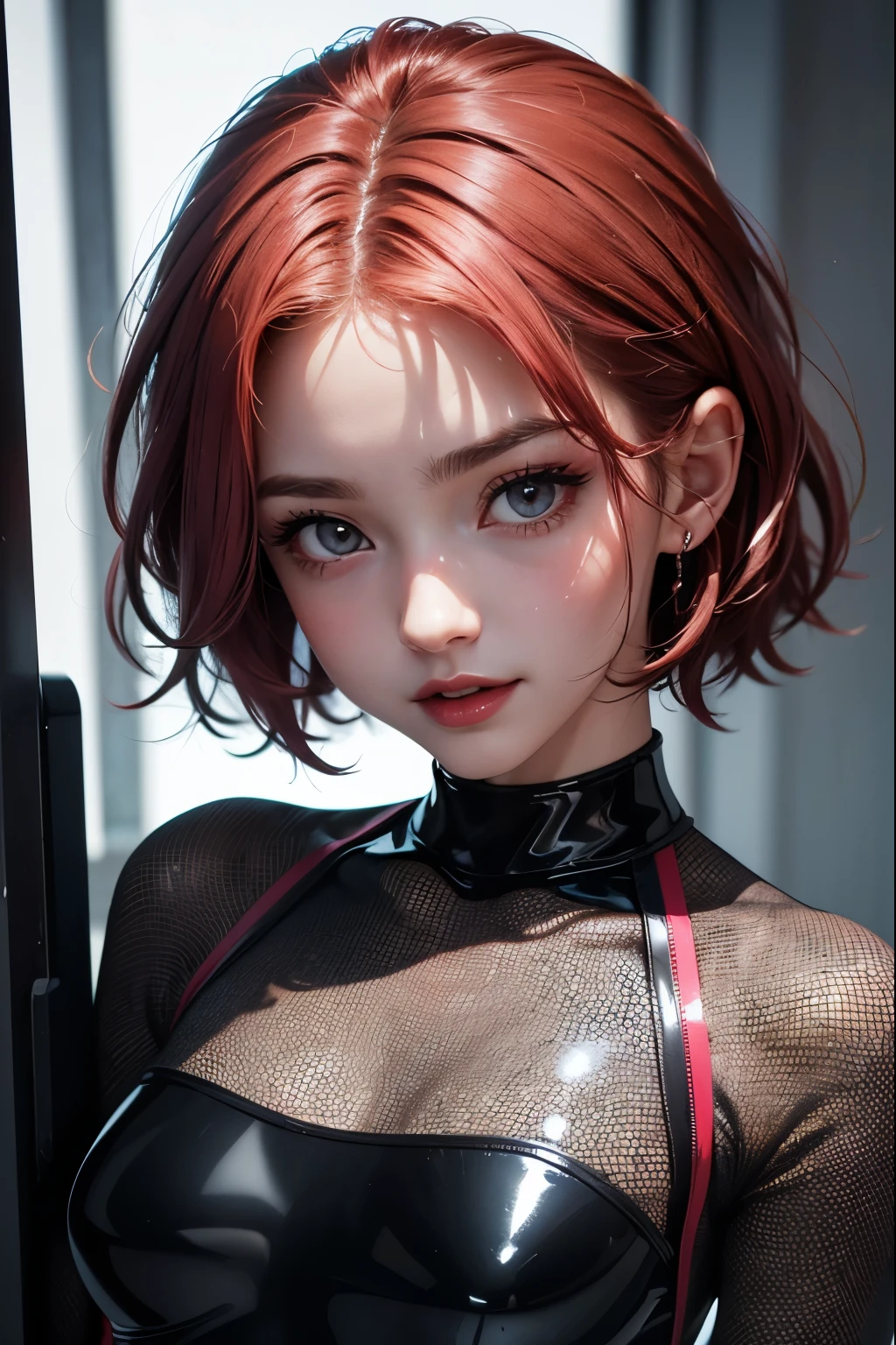 (highest quality:1.2), a -yeld girs standing, front view , connected to machines with many wires, looking up the ceil, a photorealistic cute gymnast, beautiful face, European face like a doll, heavily make-up face, pale face, open mouth with brutal smile, blank eyes with heavy dark eyshadow, dark broody-red lip with cruel smile, soul-less face with no emotion, Short-cut pink hair, upper body portrait above the knees, wearing long sleeve latex leotard,tight-fitting and extra shiny black leotard, wearing fishnet bodysuits, wrapping red silk around waist.
