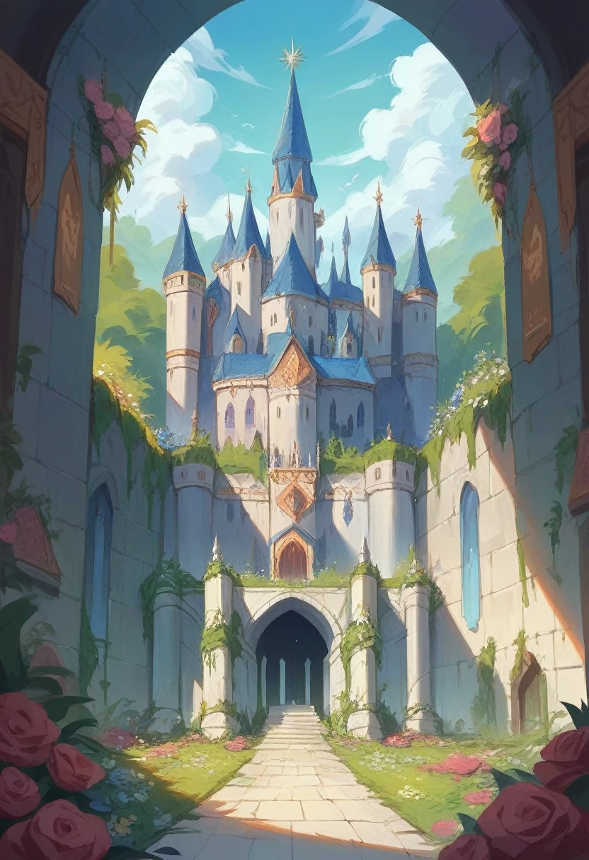 Huge castle with blue and rustic tones, with walls and points that lead to a blue and crystalline lagoon with flowers around blue with yellow and wildlife around