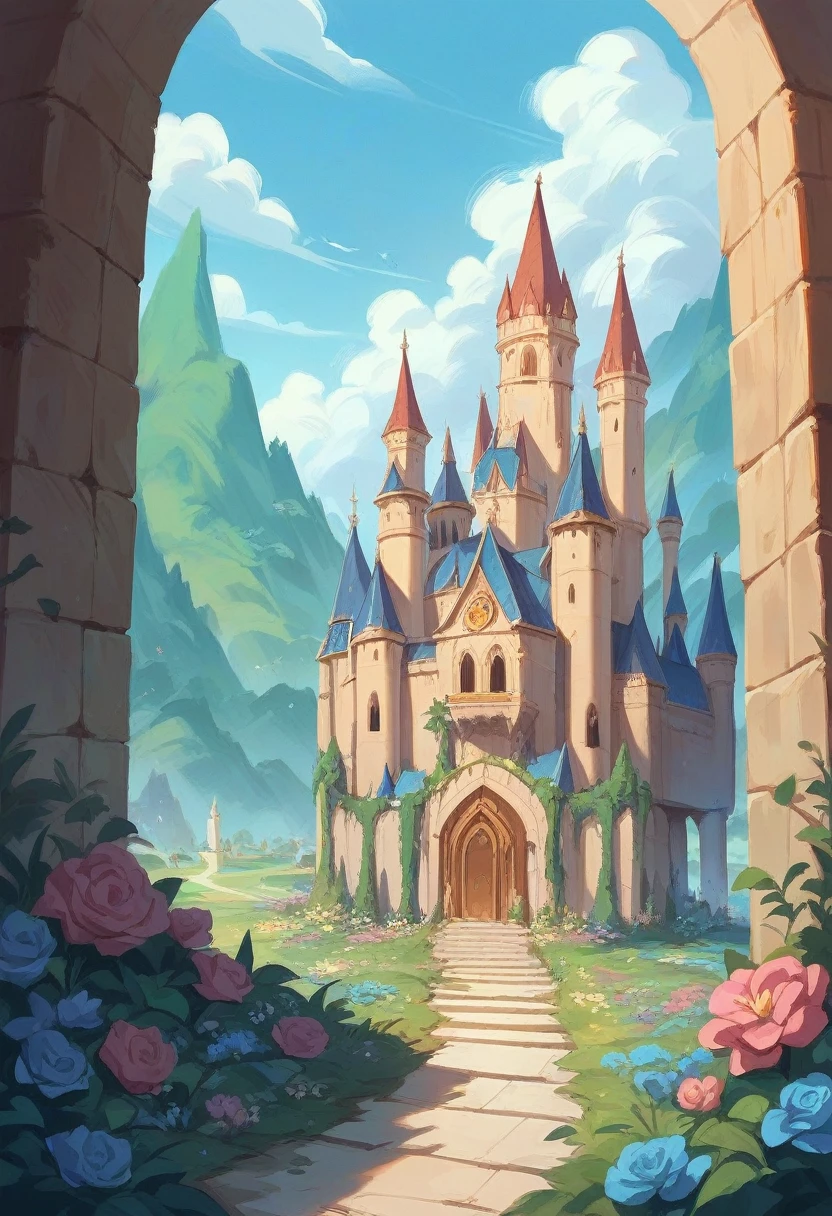 Huge castle with blue and rustic tones, with walls and points that lead to a blue and crystalline lagoon with flowers around blue with yellow and wildlife around