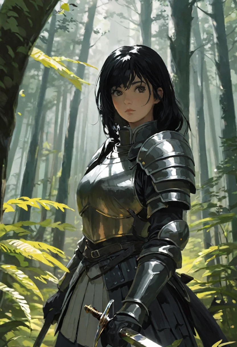 forest, 1 woman, black hair, gray eyes, Armor, article, bayonet
