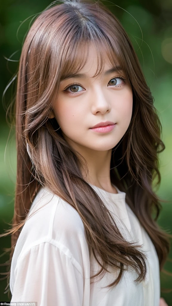 Describe the girl feature such as her age hair colour eye colour facial structure and expression