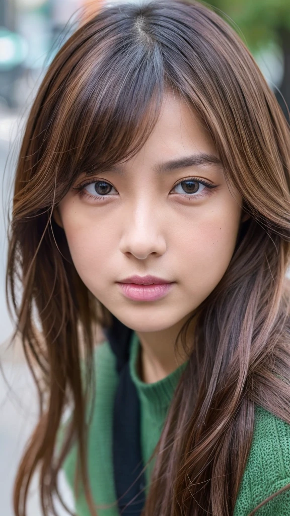 Describe the girl feature such as her age hair colour eye colour facial structure and expression
