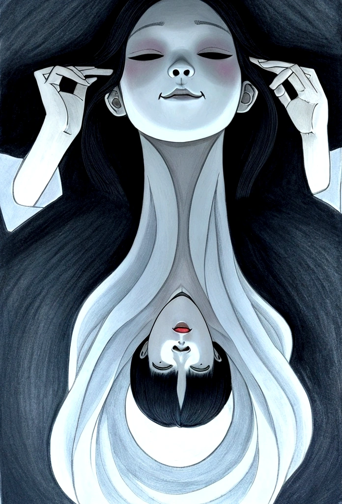 Draw a ghost with no eyes, nose, and mouth with long hair hanging upside down from the ceiling like a Korean horror movie
