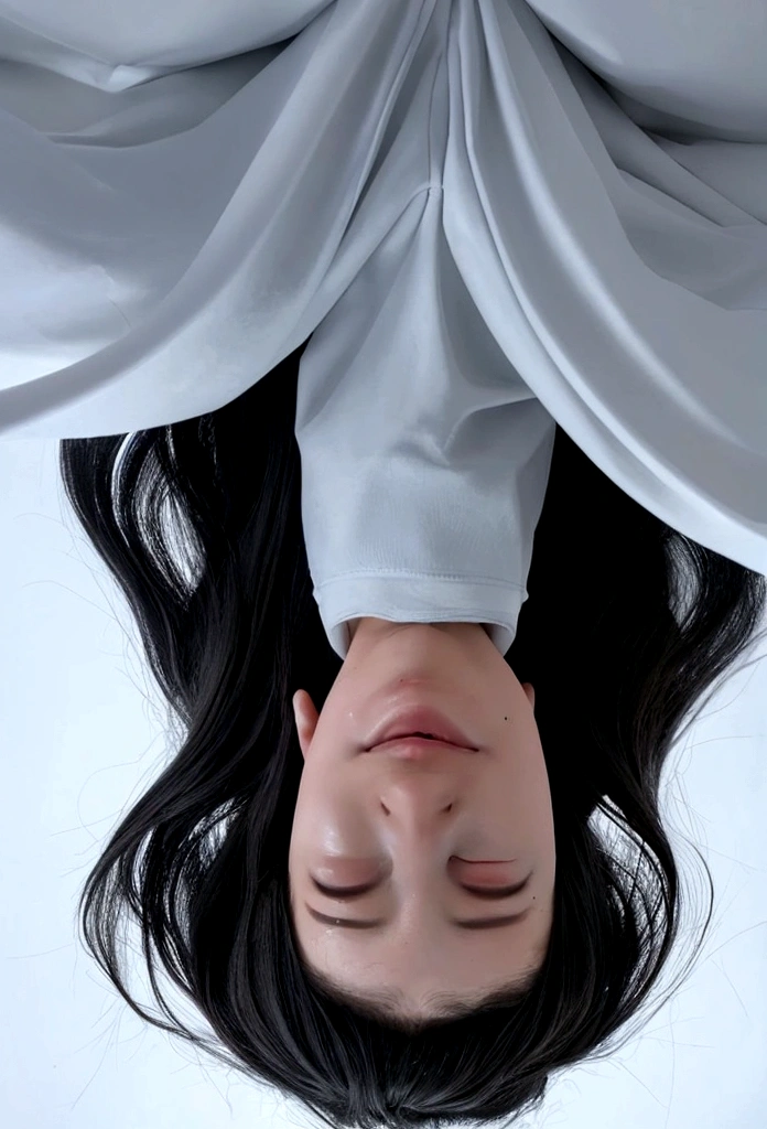 Draw a ghost with no eyes, nose, and mouth with long hair hanging upside down from the ceiling like a Korean horror movie