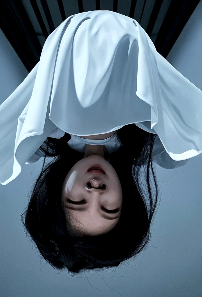 Draw a ghost with no eyes, nose, and mouth with long hair hanging upside down from the ceiling like a Korean horror movie
