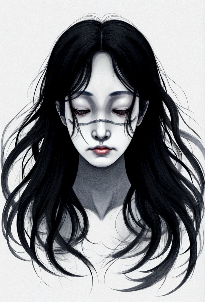 Draw a ghost with no eyes, nose, and mouth hanging upside down from the ceiling like a Japanese horror movie
