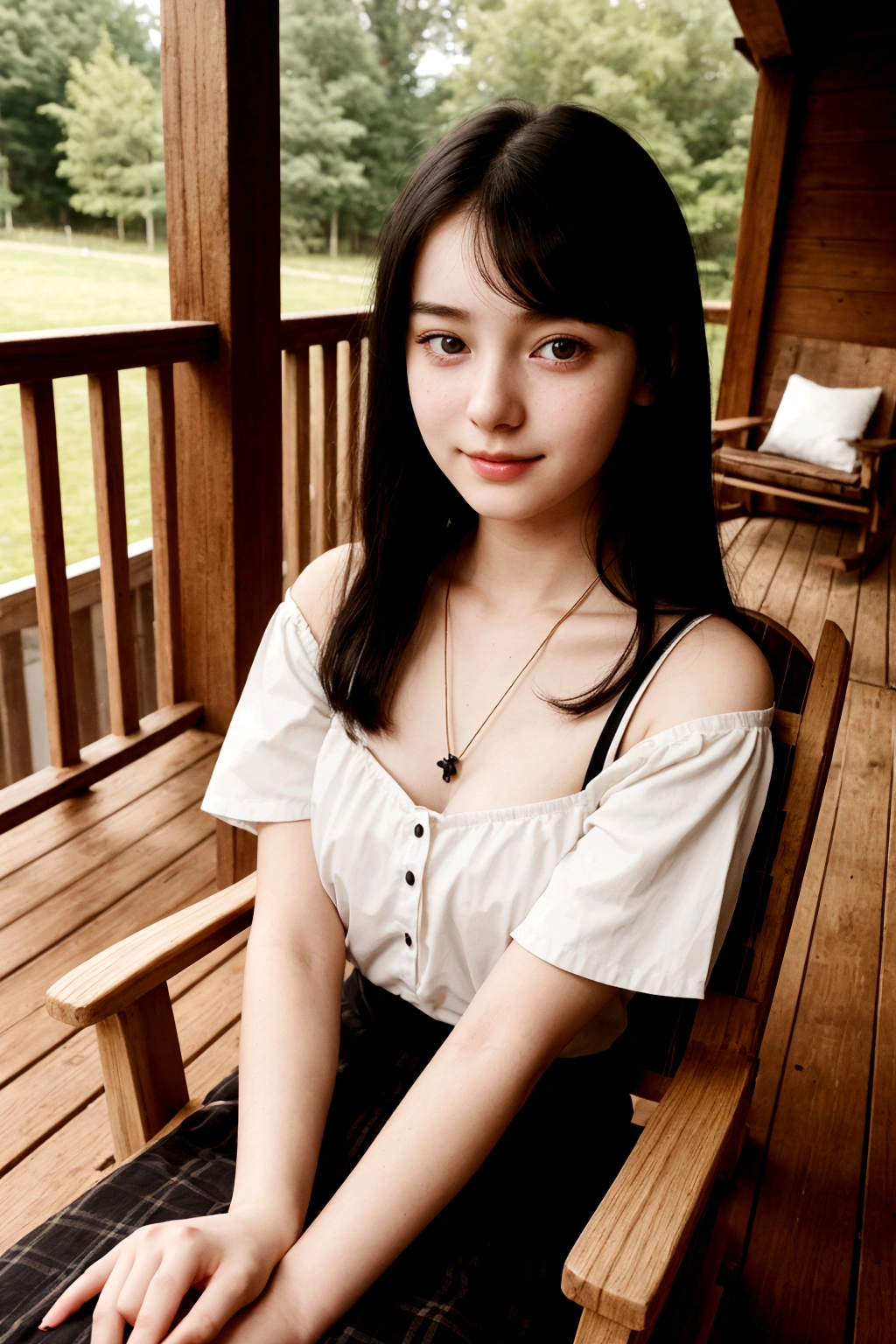A young girl from Northern Europe, 21 years old, happy, cute face, pale skin, black hair, eyeliner, thin nose, wearing a neckline, wooden house porch, sitting on a wood chair