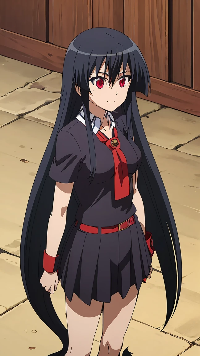 Master piece, best quality,(((1girl,solo))),full_body,akame,red_eyes,black_hair,(((very_long_hair))),cowboy_short,looking_at_me,smile_face,(school uniform, skirt, serafuku, pleated skirt, neckerchief, short sleeves, sailor collar, blue skirt, shirt, red neckerchief, blue socks, loafers)