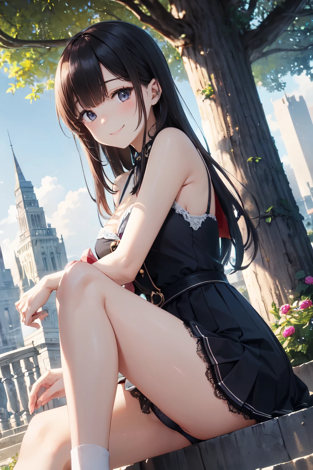 very cute and beautiful girl,(Very detailed美しい顔), (smile),blush,Black Hair,Seraphim,(Pleated navy blue pread your legs),Sitting、(From below),(Lacy white panties), Stairs in the park、Distant Tree々and the city, (Highest quality,masterpiece:1.0),Absurd,High resolution,Super detailed,Very detailed,32k,8K resolution, Intricate details,Movie Scenes,Detailed Background,alone,Dynamic Angle,