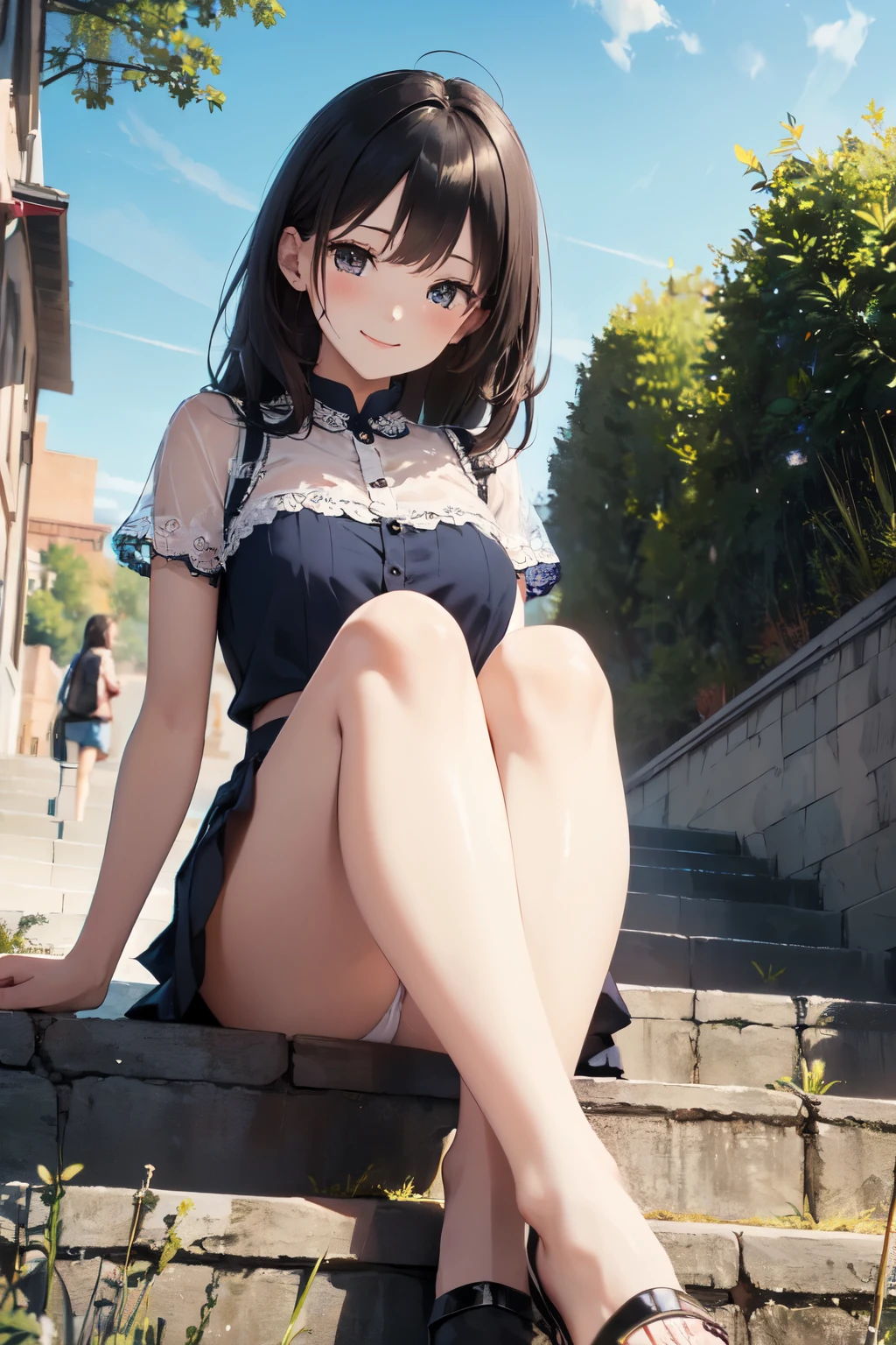 very cute and beautiful girl,(Very detailed美しい顔), (smile),blush,Black Hair,Seraphim,(Pleated navy blue pread your legs),Sitting、(From below),(Lacy white panties), Stairs in the park、Distant Tree々and the city, (Highest quality,masterpiece:1.0),Absurd,High resolution,Super detailed,Very detailed,32k,8K resolution, Intricate details,Movie Scenes,Detailed Background,alone,Dynamic Angle,