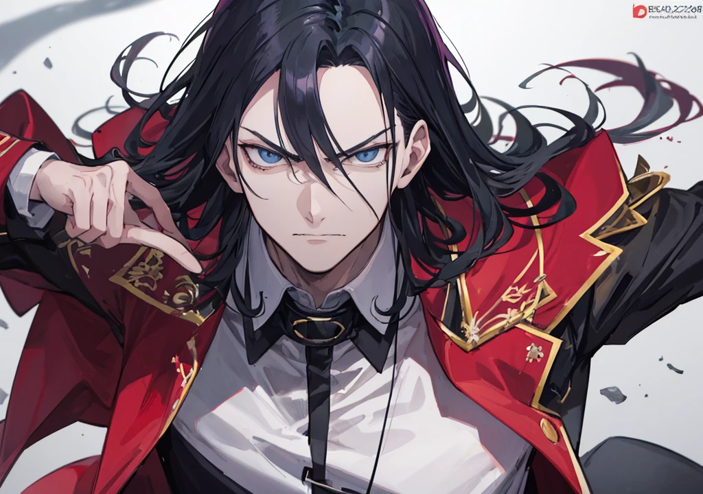 Create a powerful man anime character with a murderous demeanor with a serious appearance.
