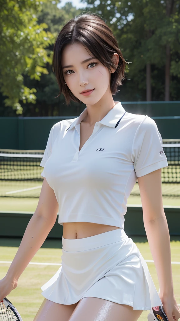 (masterpiece:1.2, Highest quality), (Realistic, photoRealistic:1.4), Beautiful illustrations, (Natural Side Lighting, Cinema Lighting),
View your viewers, Cowboy Shot, Front view, 1 Girl, Japanese, high school girl, Perfect Face, Cute and symmetrical face, (Shiny skin, Sweaty:1.4), Baby Face,
(short hair, Gray Hair), Hair between the eyes, Purple eyes, (Middle chest, Captivating thighs, Big Ass),
Beautiful Hair, Beautiful Face, Beautiful attention to detail, Beautiful clavicle, Beautiful body, Beautiful breasts, Beautiful thighs, Beautiful feet, Beautiful fingers,
((White polo shirt, White sneakers, Tennis Wear, White mini skirt),
(Beautiful views), evening, Outdoor, null, Realistic pupils, (Cute smile, Upward glance),