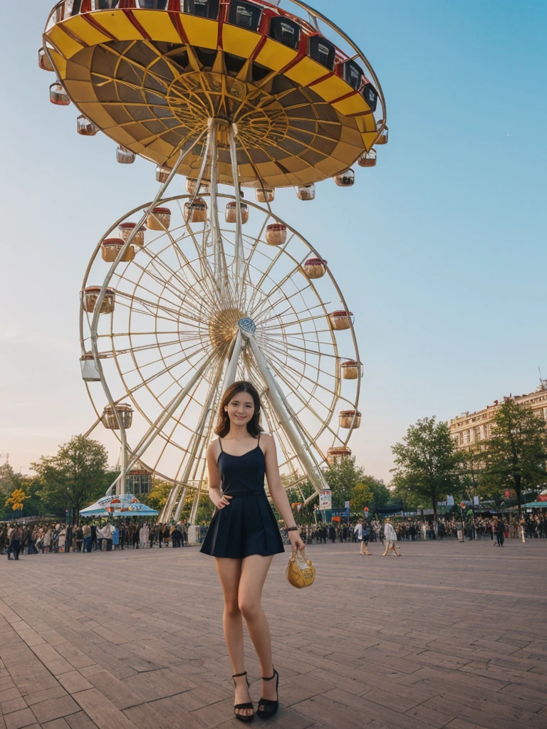 her name is Asako, high quality, 1girl, ((20-year-old fit Caucasian woman)), ((20 years old)), ((slim)), ((Hime Cut)), pose: standing, wearing stylish fashionable Generation-Z modern wear bright colored, BACKGROUND:Your apartment is in an Art Nouveau building with ornate facades, mosaic tiles, and a view of the Prater's giant Ferris wheel.