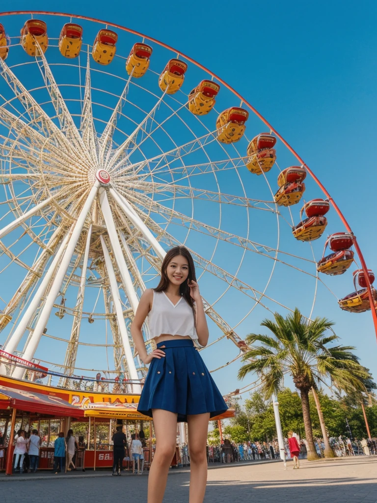 her name is Asako, high quality, 1girl, ((20-year-old fit Caucasian woman)), ((20 years old)), ((slim)), ((Hime Cut)), pose: standing, wearing stylish fashionable Generation-Z modern wear bright colored, BACKGROUND:Your apartment is in an Art Nouveau building with ornate facades, mosaic tiles, and a view of the Prater's giant Ferris wheel.