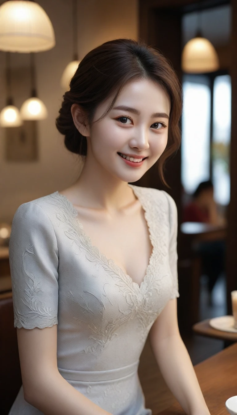 1 woman, (Wearing a high-quality luxury brand dress with short sleeves and good texture that covers the chest:1.6),(raw photo, best quality), (realistic, photo-realistic:1.4), masterpiece, Very delicate and beautiful Korean woman, very detailed, 2k wallpaper, amazing, in detail, very detailed CG unity 8k wallpaper, very detailed, mackerel, soft light, Beautiful and detailed 36 year old woman, very detailed eyes and face, beautiful and delicate nose, beautiful detailed eyes,cinematic lighting,(sitting in an upscale cafe:1.6),complete anatomy,slim body,(laugh:1.4),(young girl:1.4),(look at the viewer:1.4),(front view:2.0),cinematic angle, Inspired by Son Ye-jin, ,(split:0.8), light brown short hair, Bokeh shooting, Chest covering