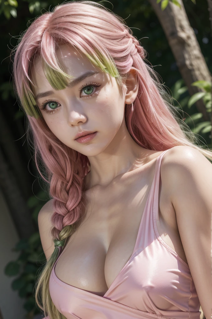 Mitsuri from demon slayer, realistic, age 25, pure white skin, green pupils, pink long side hair, white and pink clothed samurai dress, perfect face, perfect shape body, large breasts, clothes covered upper body, 3d .