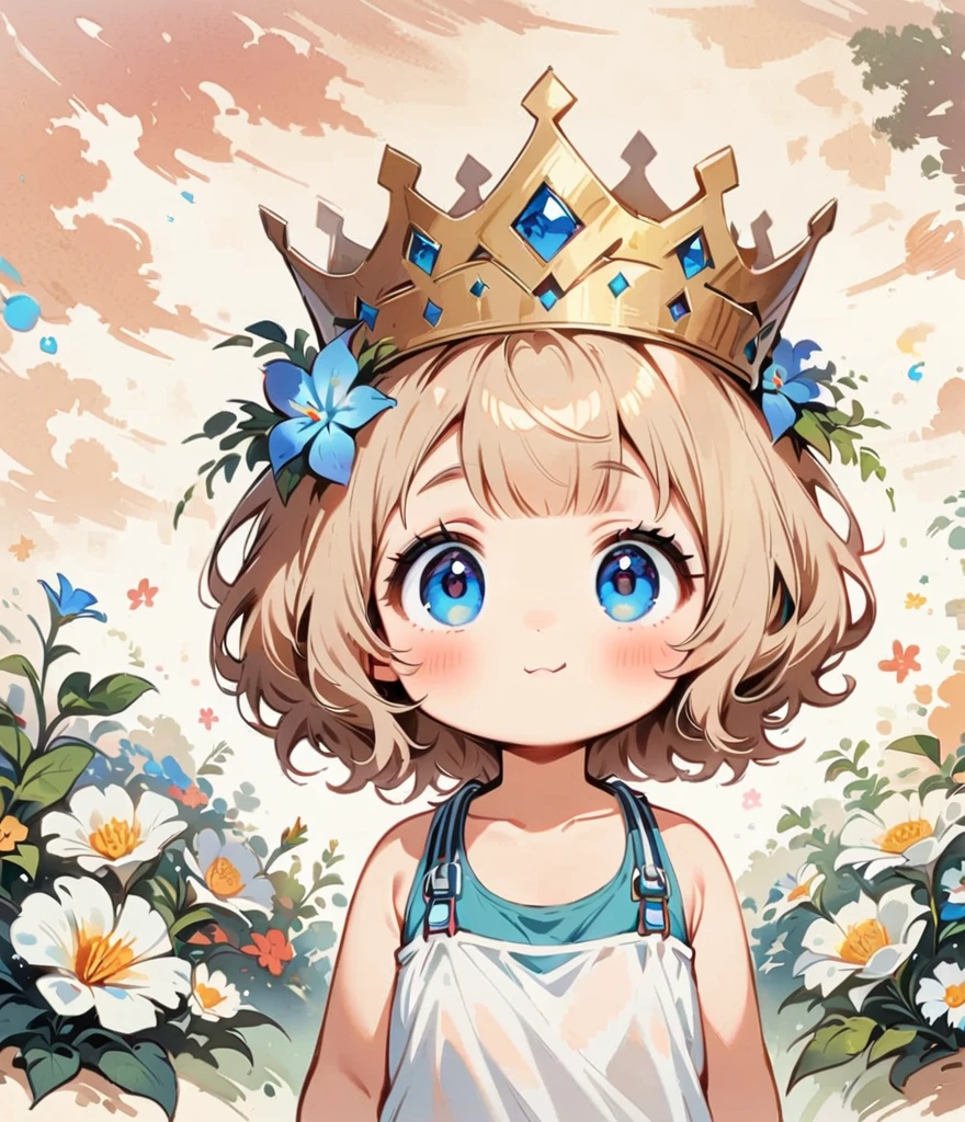 Wearing the Crown、Gardenia flowers、large white flowers、Cartoon style character design,1 Girl, alone,Big eyes,Cute expression,Tank top、interesting,interesting,Clean Lines