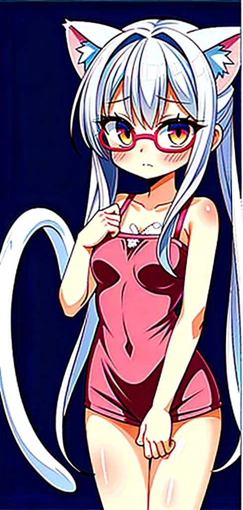 that has a fearful face, white hair, cat ears, yellow glasses and transparent super blushing pink eyes that has a towel around it and is in spaghetti and has a cat tail that is a super fearful girl