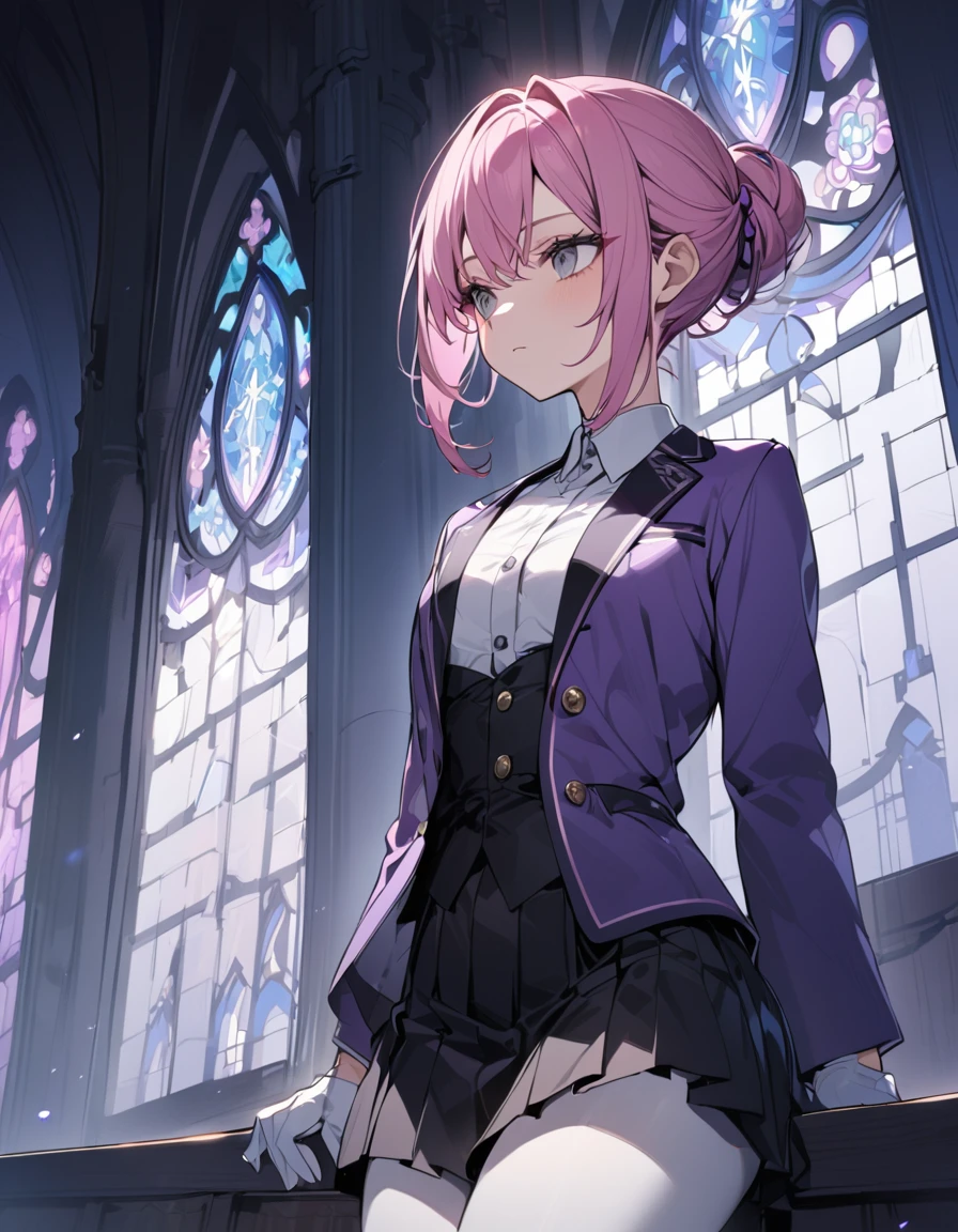 woman, deep pink hair, single hair bun,no hair ties, gray eyes, white collared shirt, dark purple bow under the collar, white gloves, black corset with blue interior and buttons, white and purple jacket with long sleeves reminiscent of a kimono, jacket with a black and purple design, black high-waisted pleated skirt, nylon tights, calm, expressionless, church, masterpiece, high quality