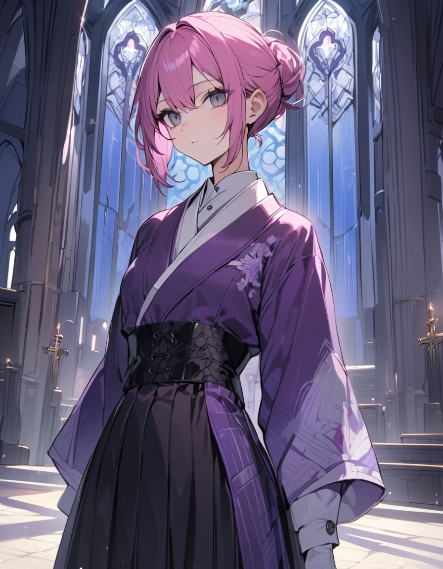 woman, deep pink hair, single hair bun,no hair ties, gray eyes, white collared shirt, dark purple bow under the collar, white gloves, black corset with blue interior and buttons, white and purple jacket with long sleeves reminiscent of a kimono, jacket with a black and purple design, black high-waisted pleated skirt, nylon tights, calm, expressionless, church, masterpiece, high quality