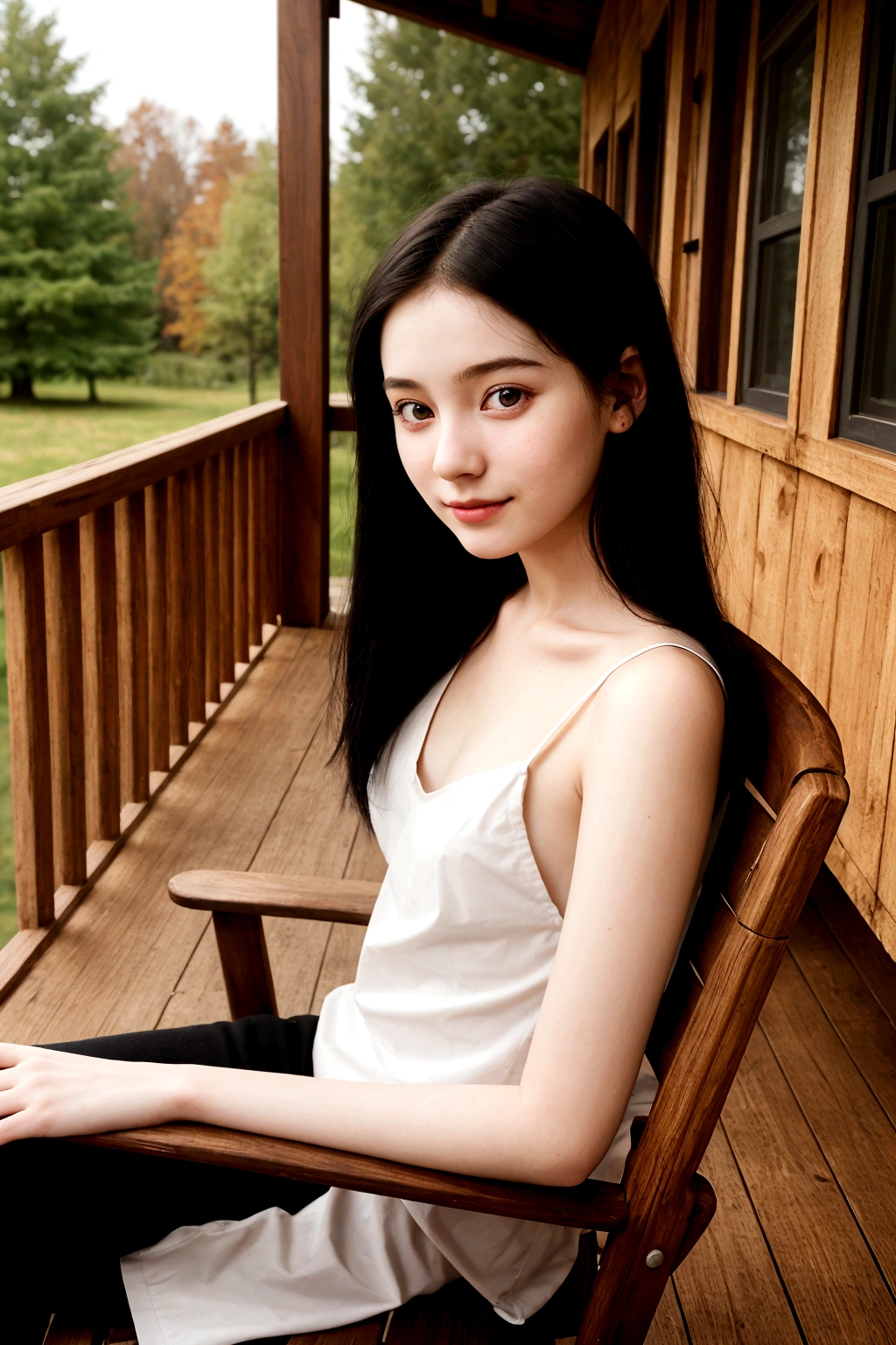 A young girl from Northern Europe, 21 years old, happy, cute face, pale skin, black hair, eyeliner, thin nose, wearing a neckline, wooden house porch, sitting on a wood chair