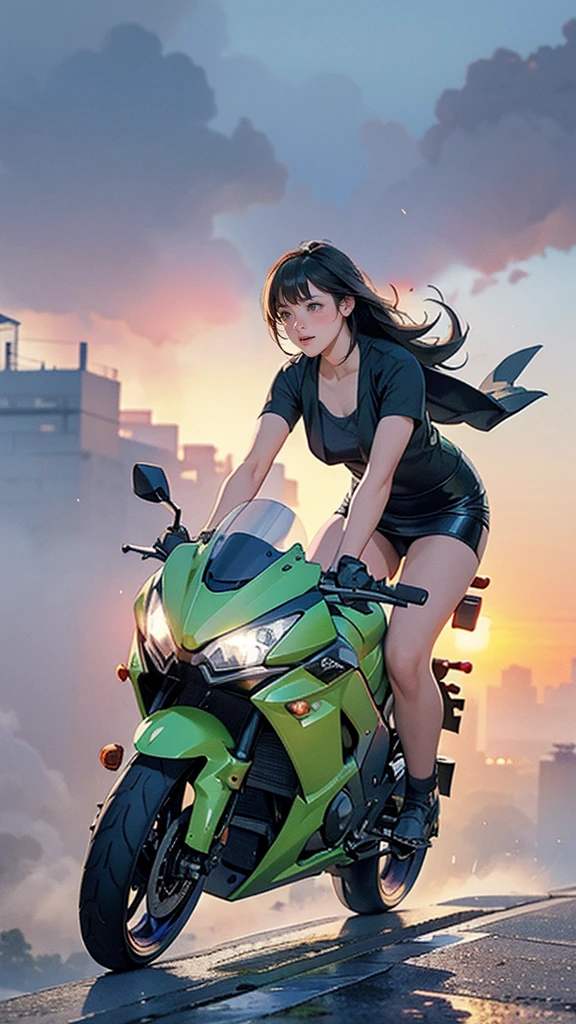 A woman riding a Kawasaki ZZR1400 up a steep hill in a foggy big city at sunrise、Distant and Near Views、Steam coming out of the chimneys of a modern plant factory located near a group of huge buildings、Cinema Lighting、Dramatic atmosphere、8K、high quality、Realistic、Detailed landscape、Strong contrast、Volumetric lighting、Hazy environment、