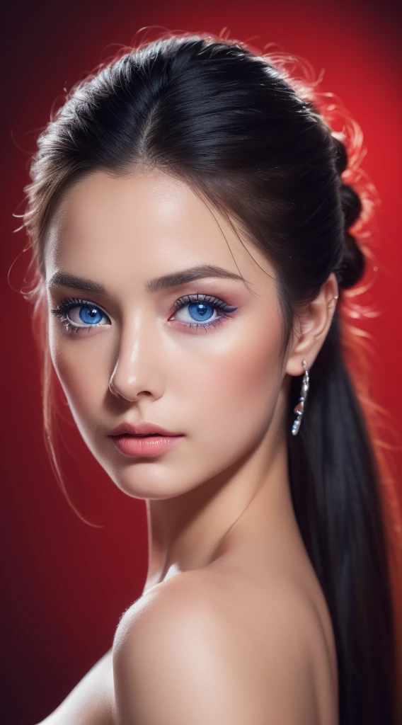 (Best quality,4K,8K,A high resolution,Masterpiece:1.2),Ultra-detailed,(Realistic,Photorealistic,photo-realistic:1.37),beautiful detailed blue eyes,Long black hair in a high bun,Detailed red veil,Portrait,Sharp focus,professional,Vivid colors,Dark background,Studio lighting