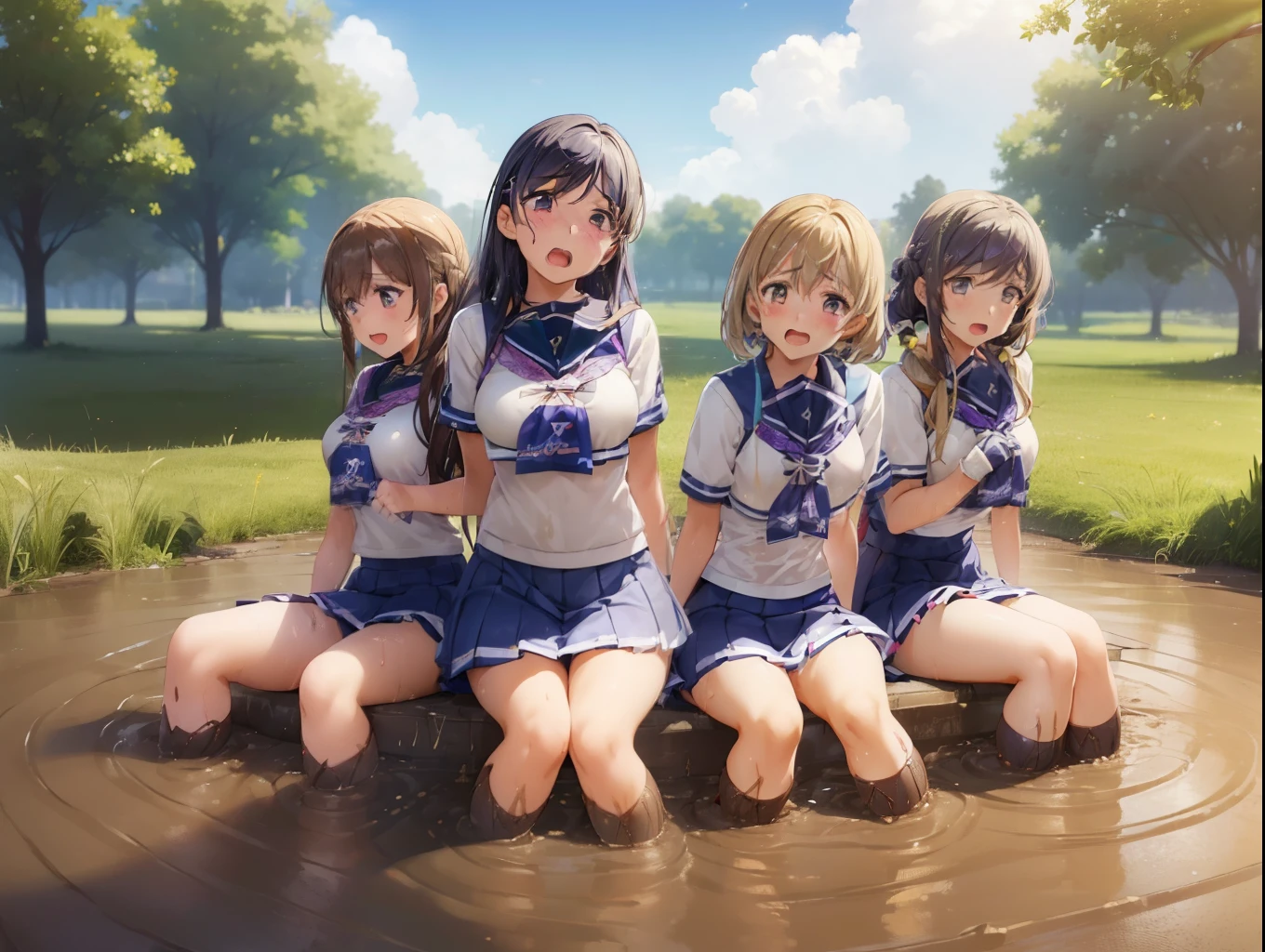 (5girls), (multiple girls:2), nozomi toujou, aichan, naomi scott, arisa ayase, breasts, masterpiece, best quality, high resolution, good lighting, detailed CG, cheerleaders, upset, scared, (sinking in mud, school field, partially submerged), tears