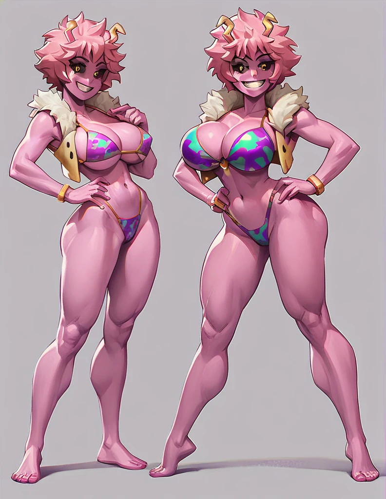 Mina ashido, big cleavage, bikini, barefoot, full body, standing, eye contact, looking at viewer, seductive grin, bimbo