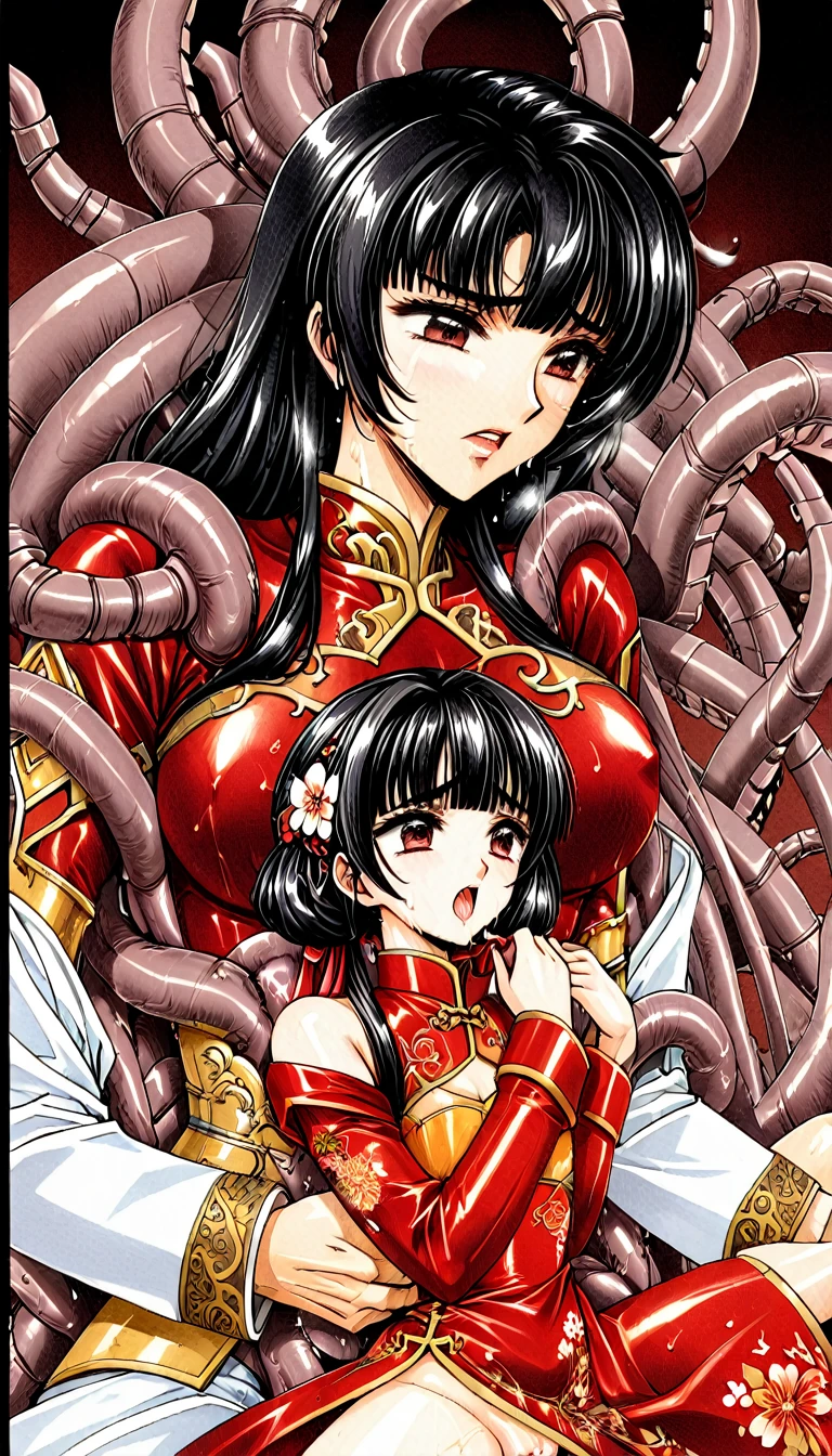 A tragic historical drama in 8k live-action style: Beautiful palace secrets Beautiful 10 year old Chinese Kung Fu girl princess with short black hair has very rough unwanted sex with old man emperor Gorgeous embroidery, Ultra glossy, She is wearing a shiny red top and bottom long sleeve floral kung fu suit.... She has her body licked by mechanical tentacles