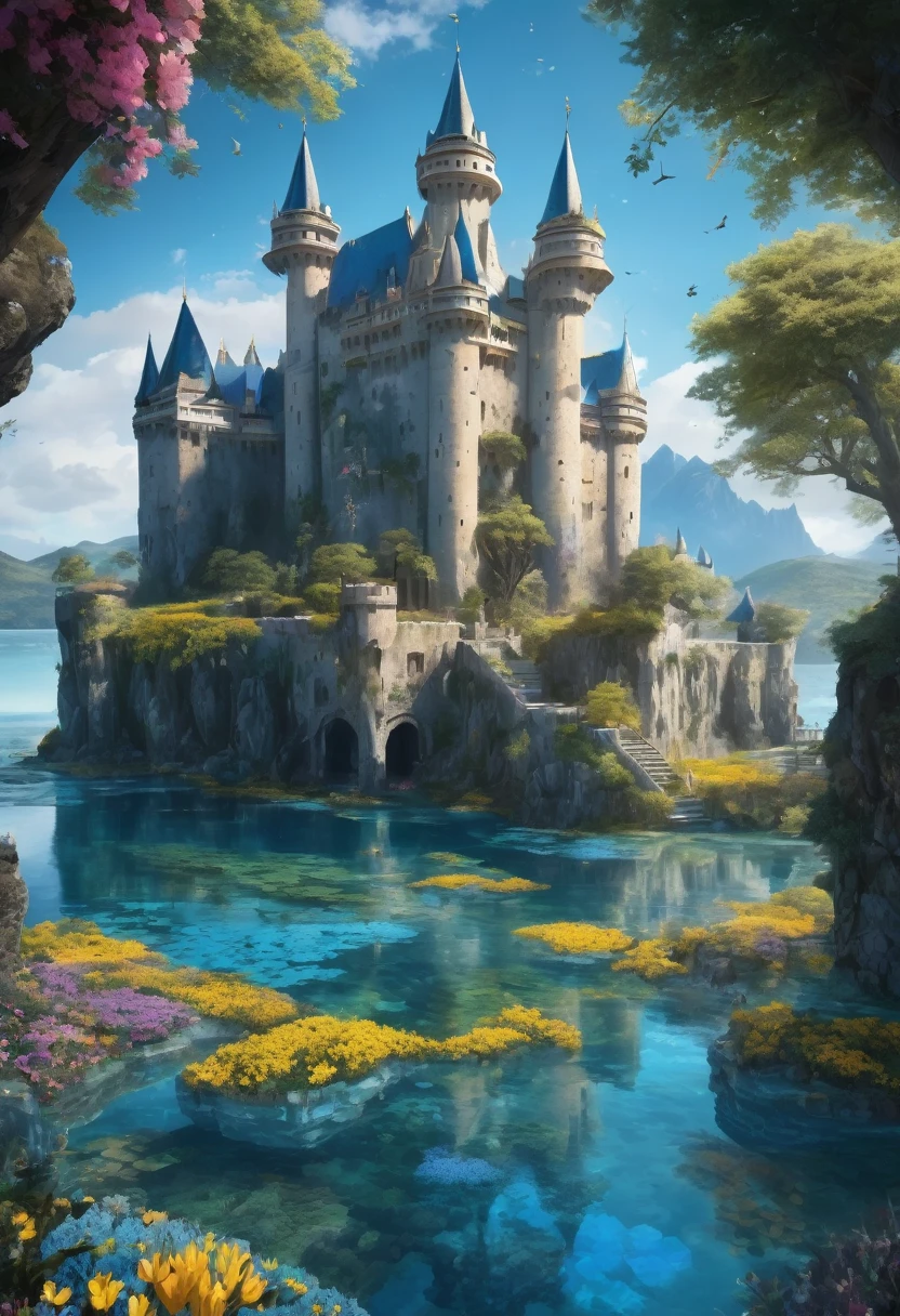 Huge castle with blue and rustic tones, with walls and points that lead to a blue and crystalline lagoon with flowers around blue with yellow and wildlife around 