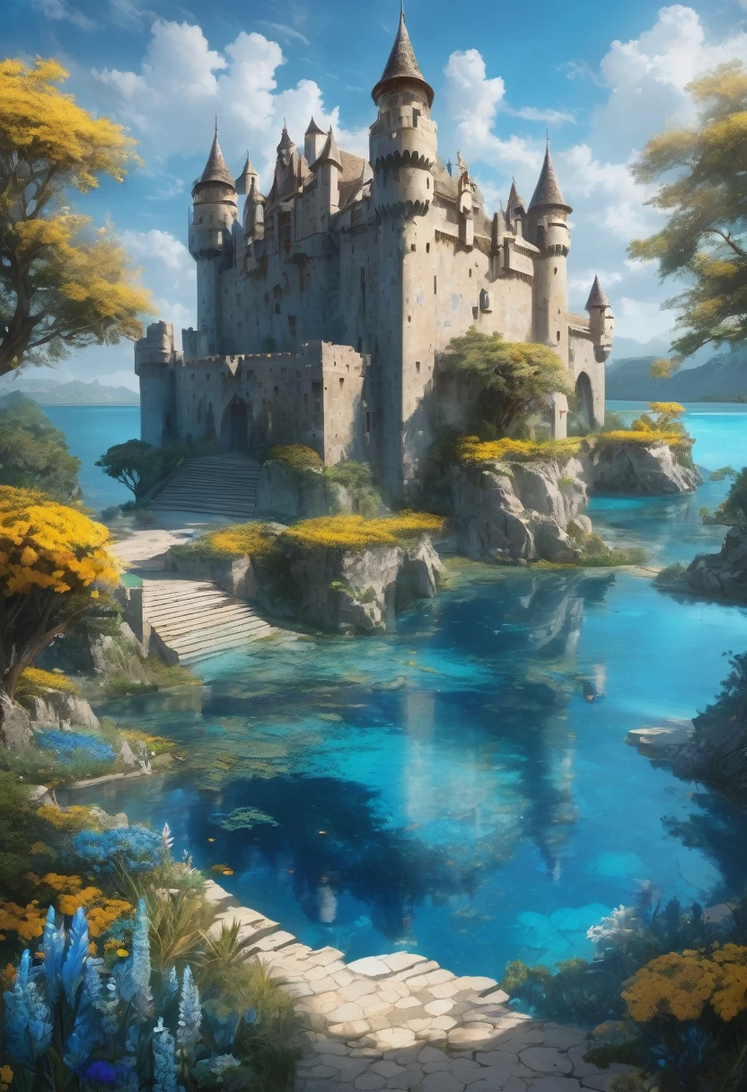 Huge castle with blue and rustic tones, with walls and points that lead to a blue and crystalline lagoon with flowers around blue with yellow and wildlife around