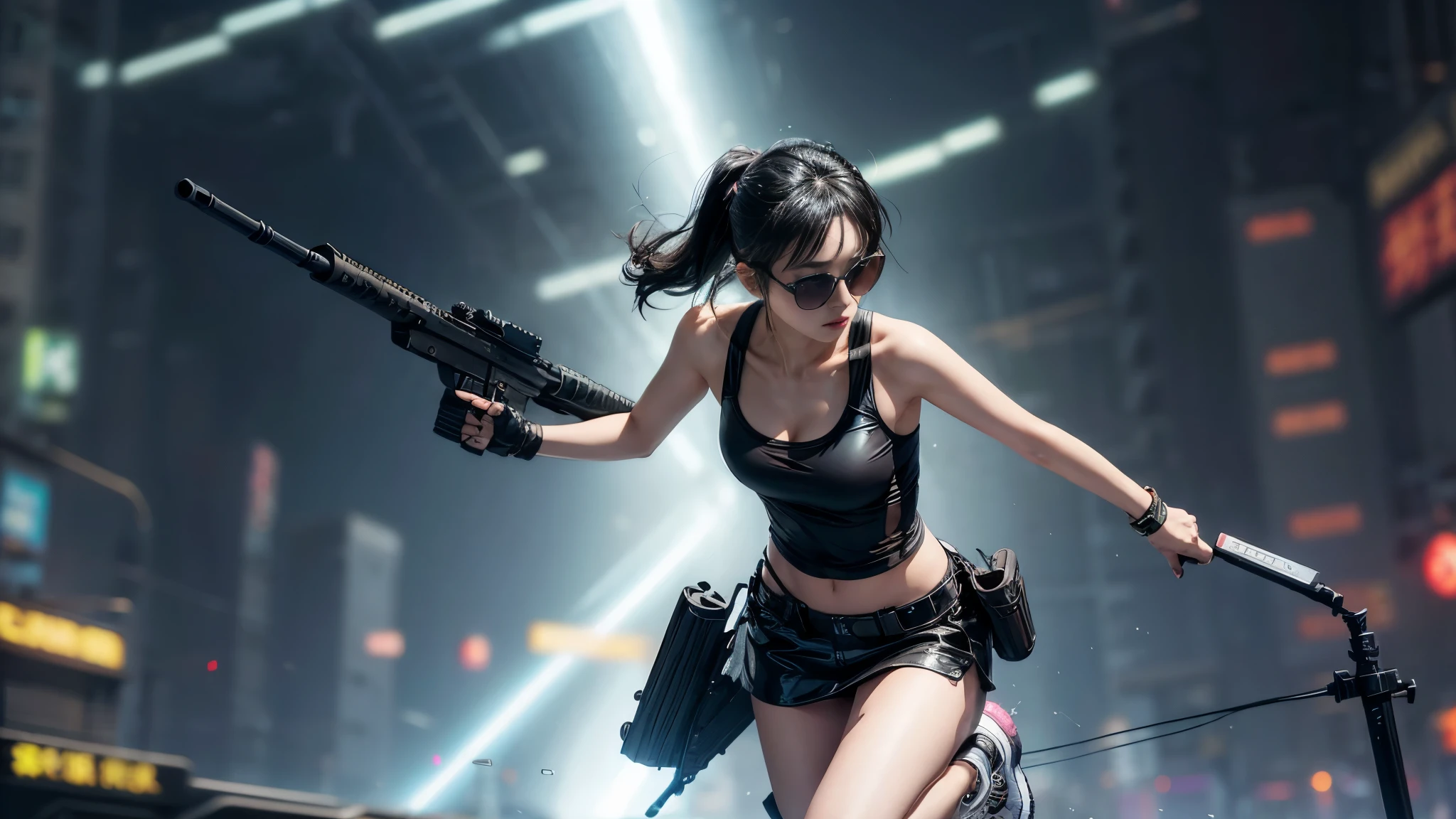 8k, Realistic Skin Texture, Realistic Photo, Neo Tokyo, slim Japanese women, large-breast:1.3 cleavage:1.2, AD2050 at night, Dirty hunting jacket, Wearing tube top, miniskirt, (((black sunglasses, automatic rifle, sneakers, cold, shooting pose, low angle view))), Innovative composition, revenge, cyberpunk, blade runner worldview, Large neon sign, Geisha hologram sign, Strong Wakamoto Sign.