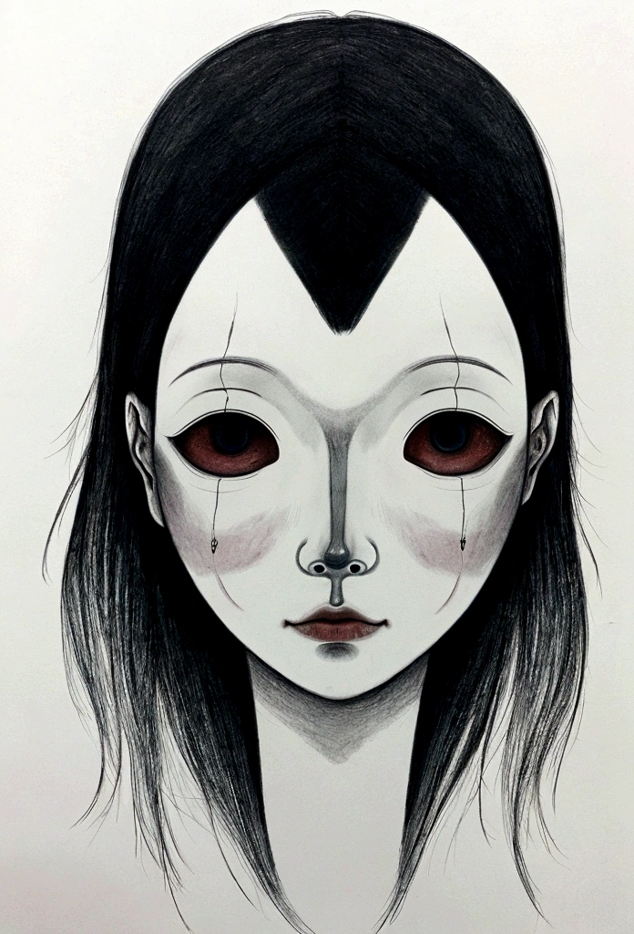 Draw a ghost with no eyes, nose, and mouth hanging upside down from the ceiling like a Japanese horror movie