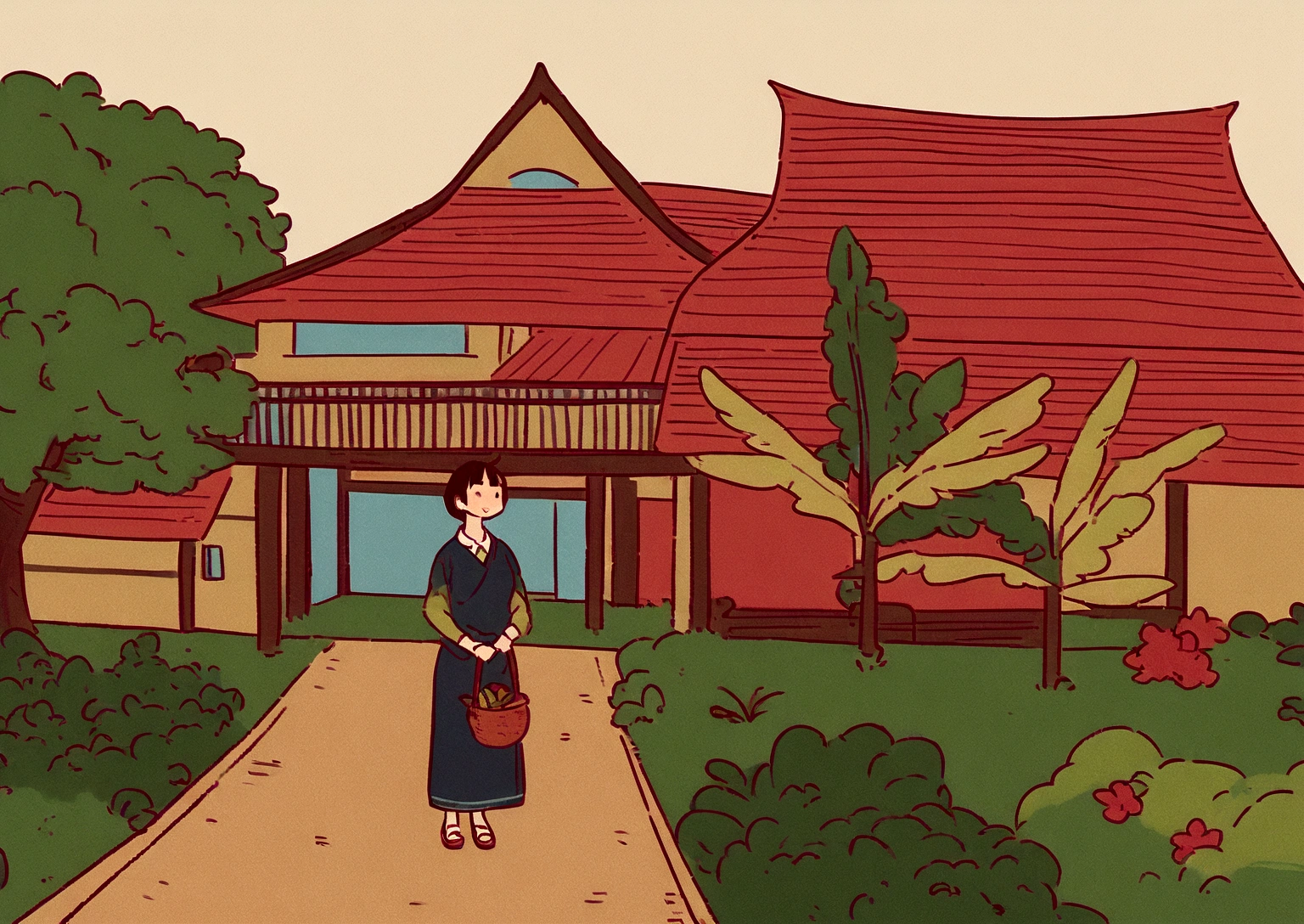 A woman is walking on the road in front of the house, illustration&quot;, Digital Rendering, inspired by Ingrida Kadaka, Full color illustrations, Inspired by Takeyama Koji Saneatsu, Illustration details, Digital Illustration, detailed Digital Illustration, by Ella Guru, stylized Digital Illustration, one example, Inspired by I Ketut Soki，More fine details，Textured grass