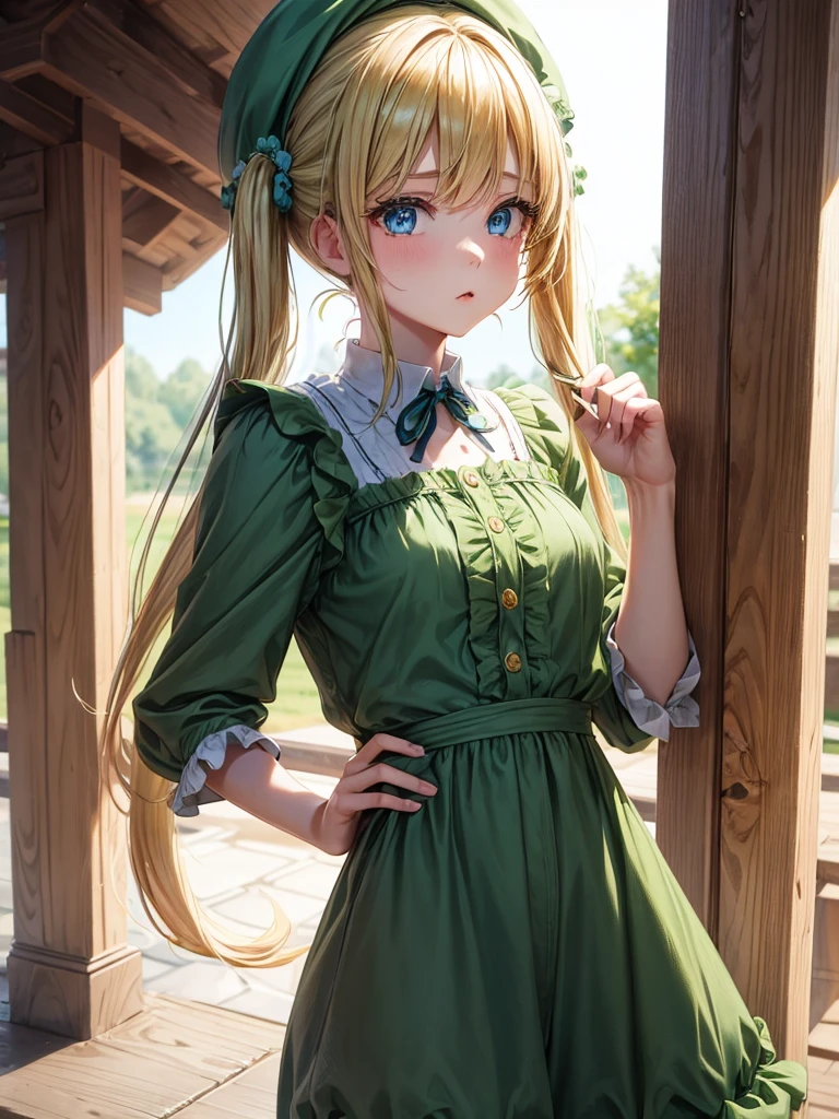 an adult girl, blond hair, two low pigtails with green scrunchies, blue eyes, green jumpsuit dress, a green hat on his head