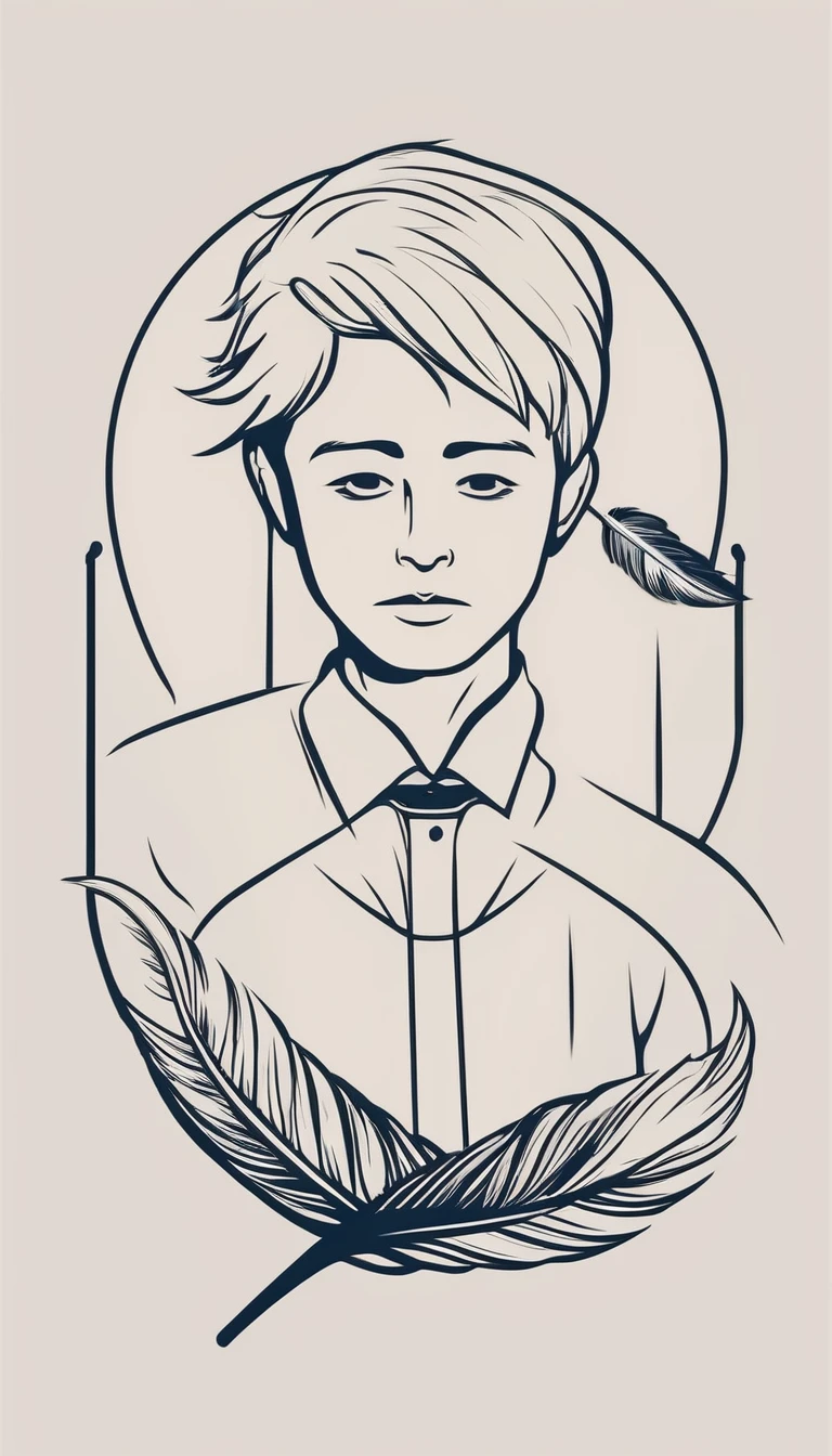 Create a minimal, modern, simple, inspirational, memorable, dream like icon design of a boy and a feather for the brand“Penamemoria".