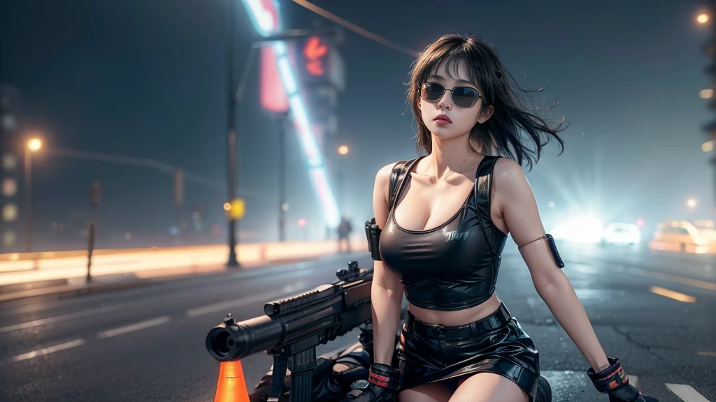 (Raw photography, 4K, ​masterpiece, hight resolution, very intricate), (Photorealsitic:1.4), Cinematic Lighting, (((((at night))))), (((1Girl, solo))), solofocus, Wet, full body Esbian,large breasts, Chest exposed, cleavage of the breast, wide open ass, pubic hair, Slim waist, eyes are brown, ((​masterpiece:1.2)), top-quality, top-quality, Official art,the Extremely Detailed CG Unity 8K Wallpapers, artbook, a picture, (Brown hair long hair), Hair disheveled, aerial view of cyberpunk city, Expressive Hues, Vibrant Palette, B deficiency and white clothes, (((matrix style black micro sunglasses))), (((aiming with a short gun))), (((looking at camera))), (((very low view))).