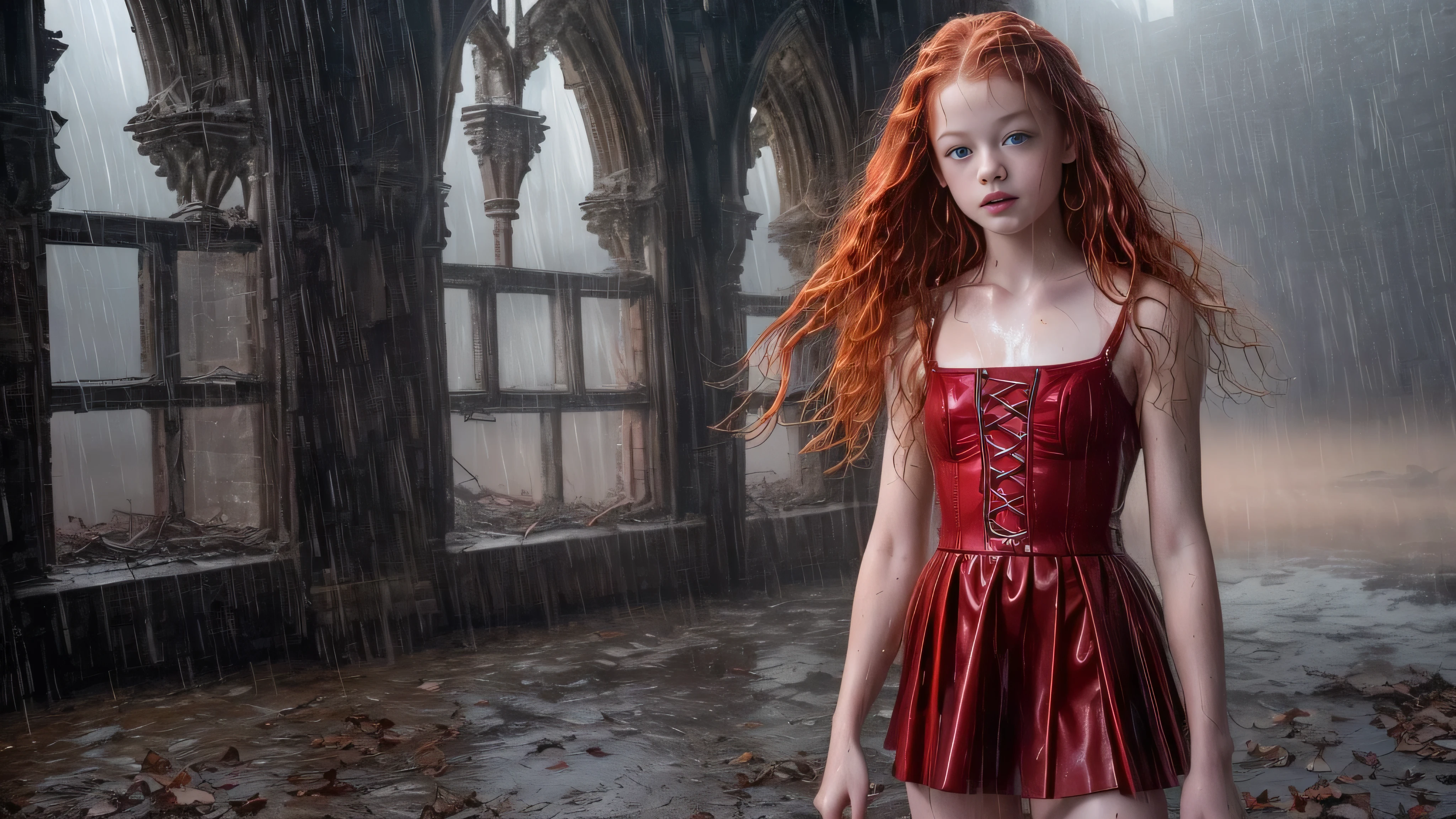 There is a woman in a red dress standing in the rain - SeaArt AI