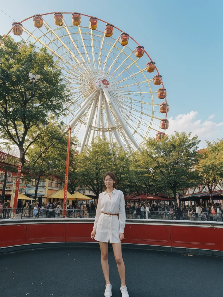 her name is Asako, high quality, 1girl, ((20-year-old fit Caucasian woman)), ((20 years old)), ((slim)), ((Hime Cut)), pose: standing, wearing stylish fashionable Generation-Z modern wear bright colored, BACKGROUND:Your apartment is in an Art Nouveau building with ornate facades, mosaic tiles, and a view of the Prater's giant Ferris wheel.