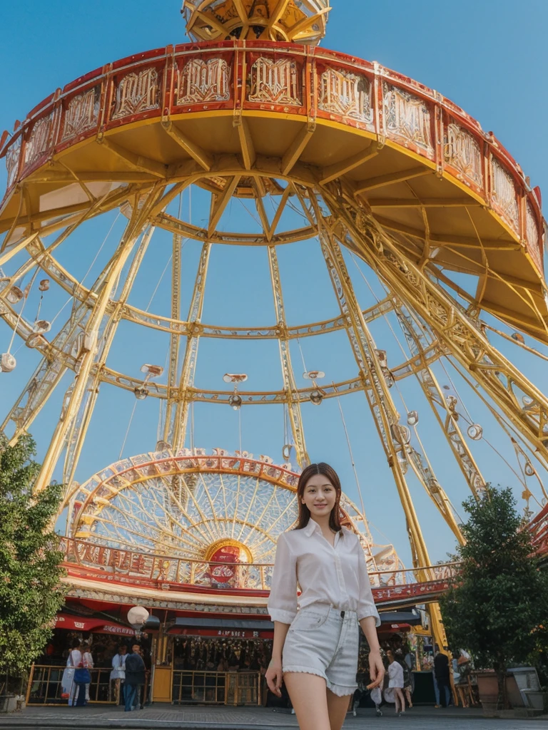 her name is Asako, high quality, 1girl, ((20-year-old fit Caucasian woman)), ((20 years old)), ((slim)), ((Hime Cut)), pose: standing, wearing stylish fashionable Generation-Z modern wear bright colored, BACKGROUND:Your apartment is in an Art Nouveau building with ornate facades, mosaic tiles, and a view of the Prater's giant Ferris wheel.