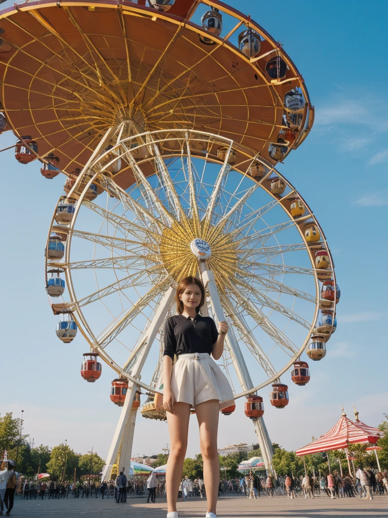 her name is Asako, high quality, 1girl, ((20-year-old fit Caucasian woman)), ((20 years old)), ((slim)), ((Hime Cut)), pose: standing, wearing stylish fashionable Generation-Z modern wear bright colored, BACKGROUND:Your apartment is in an Art Nouveau building with ornate facades, mosaic tiles, and a view of the Prater's giant Ferris wheel.