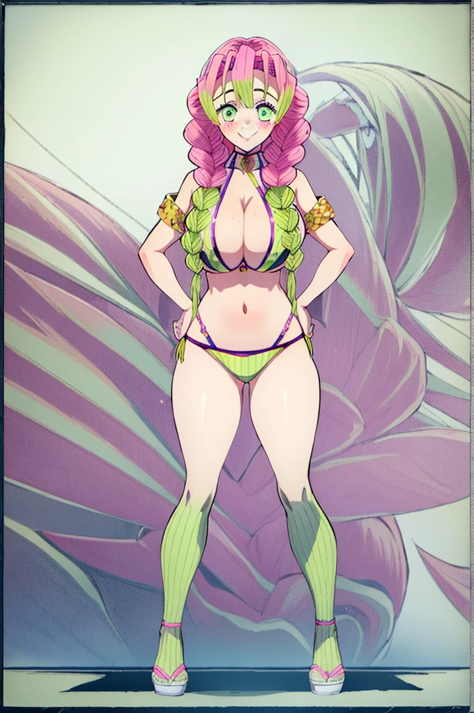 (masterpiece, best quality),  intricate details,
MitsuriKanroji, kanroji mitsuri, 1girl, solo, long hair, winking, green eyes, pink hair, green hair, twin braids, smile, cute smile, blushed smile, blush, blushing, large breast, huge breasts, bikini top, collarbone, neck, bare shoulders, yellow bikini top, cleavage, full body, long legs, cameltoe, cowboy shot, plain background, white background, photoshoot, perfect shot, perfect framing, full body shot, hands on hips, standing 