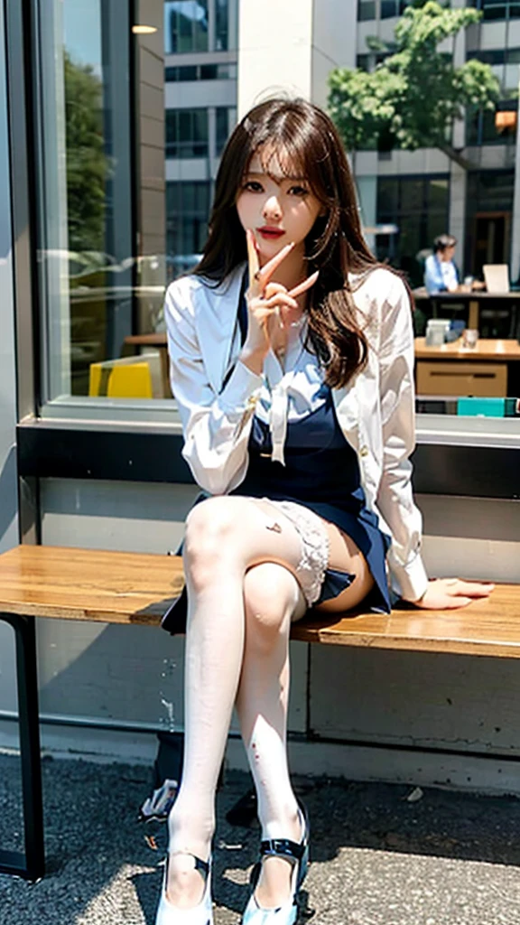 Mix 4, (16K, Raw photo, Best image quality, masterpiece: 1.45), (Realistic, Photorealistic: 1.37), One Girl, 7.5, wait、Standing posture,Noon time slot、cute, Cityscape,, Professional Lighting, Photon Mapping, Streets with roadside trees, Physically Based Rendering, Gradient dark brown hair,, Handsome, Beautiful, well-groomed eyes、Big double eyelids、Very shiny、With a girl, (((school uniform、日本の女子生徒が着用するLong sleeve sailor suit、red cuffs、Dark blue mini skirt, Small grey beret、Dark blue knee-high socks、Black Loafers))), Highest quality photos, High resolution, 1080p, (Clear Face), (Detailed face description), (Detailed hand description), (masterpiece), (Exquisite CGI)、Extreme light and shadow、Disheveled Hair、Masterwork、Rich details、(Beautiful Faces)、(Highest quality photoasseter muscle area)、(Detailed eyes)、Look in front of you、Thin clavicle、((Slim and large))、(((Long sleeve sailor suitを着た日本)))、((Lady Idol System))、((Main street with trees、bus stop、Timetable、bench))、(Shot from random perspectives)、(((とにかくcute)))、Earrings、Big smile、Drawing the whole body from the knees、No nasolabial folds、(((Long sleeve sailor suit)))、(Large saggy breasts:0.9)、Firm big ass、Two arms and two legs、(((from the front:0.5)))、bare hands、No mask 、((Sexy panties in full view:1.2))、((Spread your legs wide:1.2))