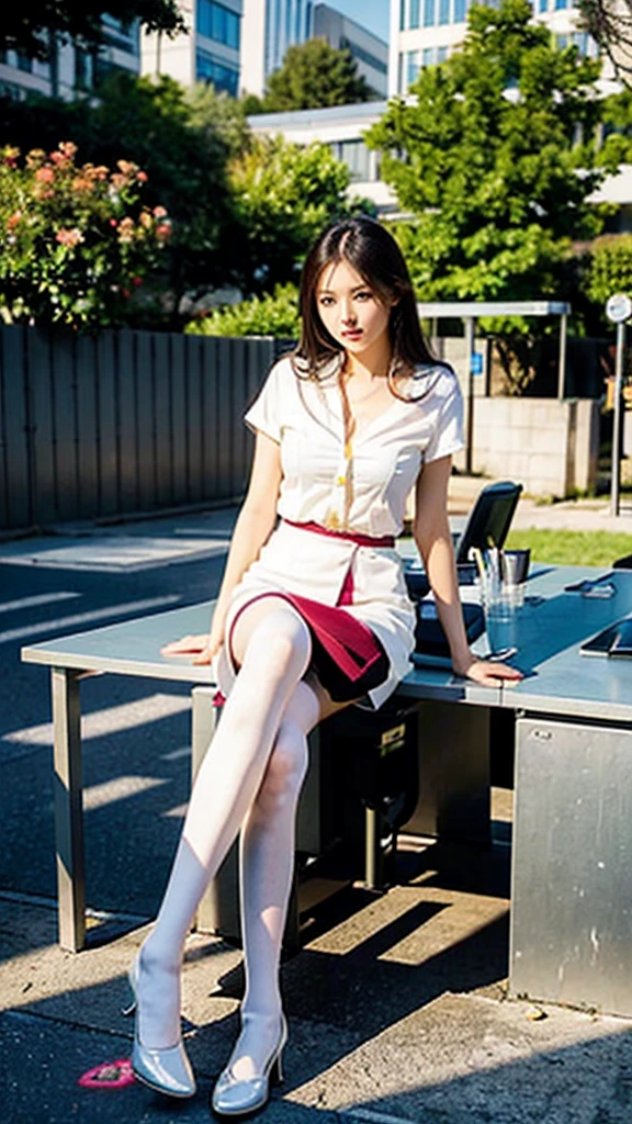 best qualtiy, Full body like,Refined face,A pair of smart eyes,pretty face,25 years old woman,slimfigure,Larger bust,office lady uniform,Office wear,white stockings,Outdoor scene,Sit Pose,yellow long hair