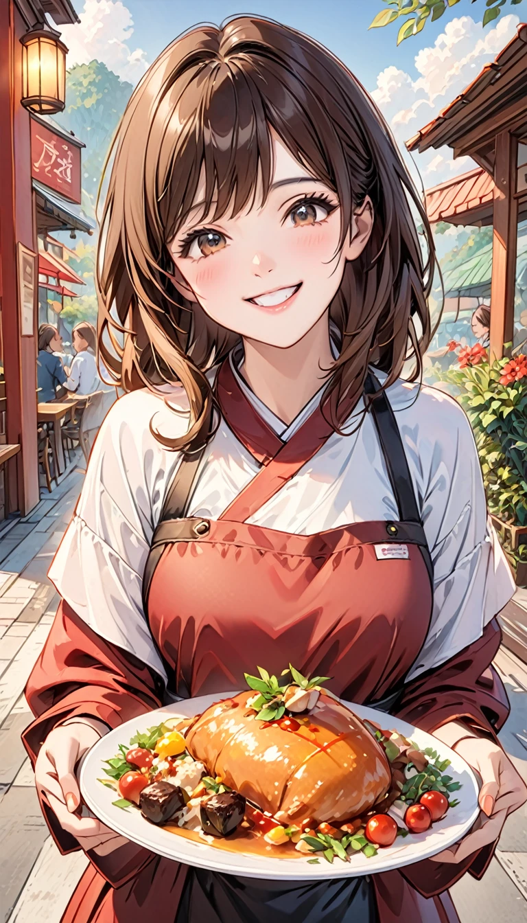 Brown long hair,1 girl,Holding a plate with both hands,Delicious food on the plate,Upper Body,Facing the camera,Happy smile,Happy atmosphere,Close-up of face,HD faces,high quality,Open-air restaurant,